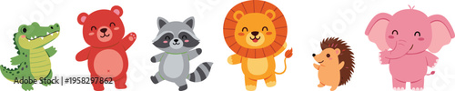 Cute cartoon animal collection featuring a friendly crocodile bear raccoon lion hedgehog and pink elephant for kids nursery decoration stickers and graphic design projects