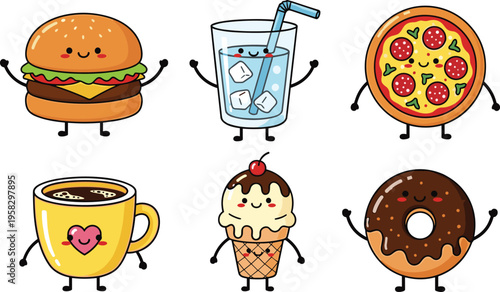 Cute cartoon food and drink characters with smiling faces hamburger pizza donut ice cream coffee cup water glass playful illustration for kids and animation