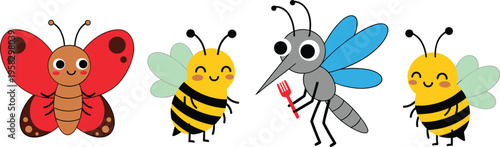 Cute hand drawn cartoon insects collection with friendly butterfly bumblebees and mosquito holding fork characters set for kids nursery design and children education projects