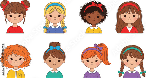 Cute hand drawn cartoon little girls avatar collection with diverse hairstyles and colorful outfits set for kids nursery design and children education projects