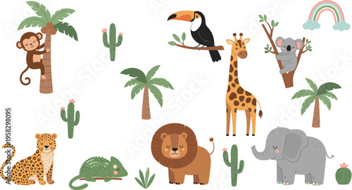 Cute jungle animal collection with cartoon lion elephant giraffe monkey and cheetah among tropical palm trees for nursery decor kids stickers and graphic design
