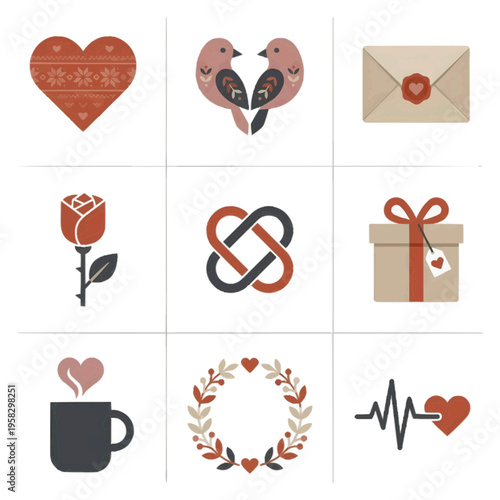 北欧風の洗練されたバレンタインアイコン9種セット 白背景に孤立したミニマルなハートとギフトのイラスト 慶事や大人向けデザインに最適な素材