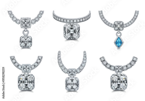 Collection of elegant diamond pendants and necklaces with a variety of intricate designs on a white background