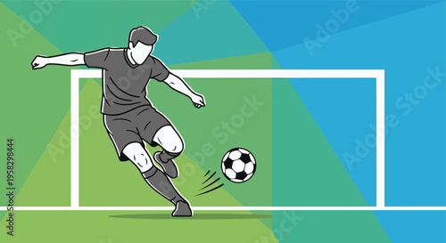 Soccer Player Kicking Ball with Geometric Green and Blue Background