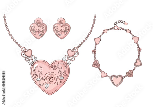 Elegant rose and heart-shaped jewelry set, including a necklace and earrings, crafted in rose gold with intricate detailing