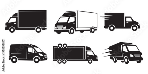 Set of delivery truck and cargo van icons in various styles, vector illustration for logistics