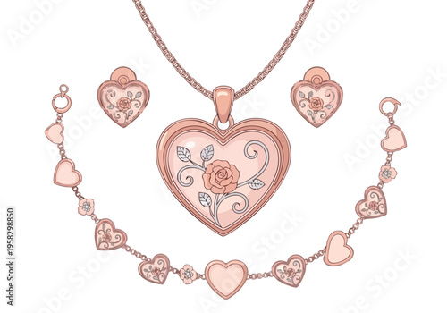 Elegant Rose Heart Jewelry Set Necklace, Earrings, and Bracelet