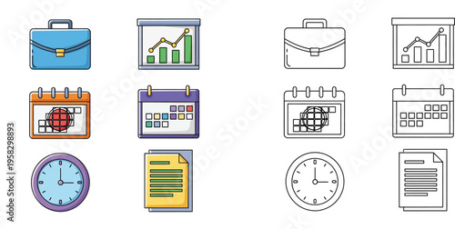 Business and Office Management Icon Set with Briefcase, Calendar, Clock, Document and Presentation Chart in Color and Black and White Outline Vector Illustration