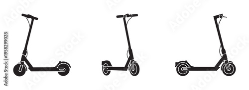 Set of electric scooter silhouettes, modern urban transport, vector illustration on transparent background