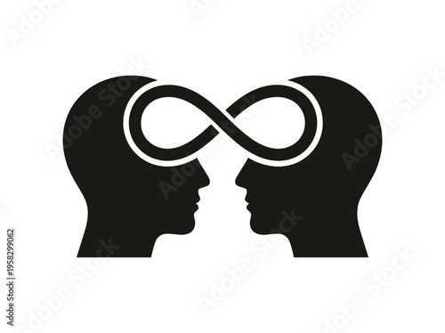 The symbolic image of two silhouetted heads facing each other, connected by an infinity symbol, representing interconnected thoughts or a bond