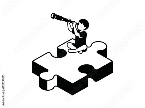 A child gazing through a telescope while sitting on a puzzle piece