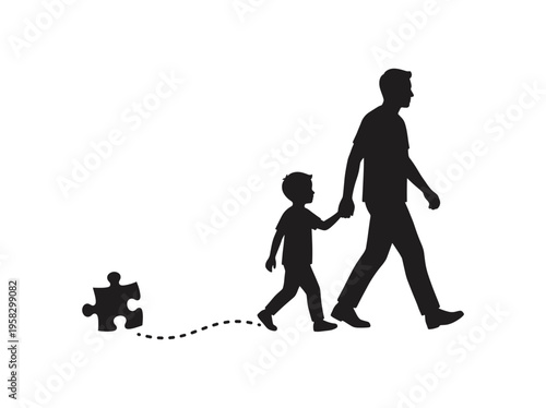 Silhouette of a father holding his child's hand, representing guidance and support, with a puzzle piece on the side