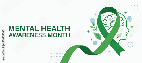 Green mental health awareness ribbon with human brain and head profile silhouette, May is Mental Health Awareness Month, Mental and Psychological well-being background banner