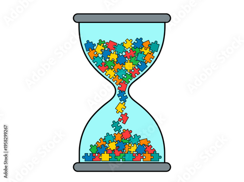 An hourglass filled with colorful puzzle pieces, representing the concept of time and challenges