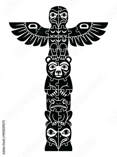 Intricate black and white Native American totem pole art. A symbol of cultural heritage and traditional artistry