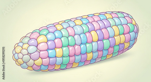 Colorful illustration of an ear of corn with pastel kernels on a light green background