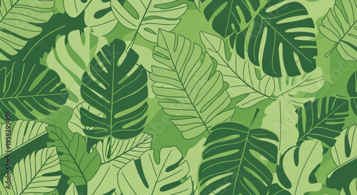 Tropical green monstera leaves pattern lush foliage background jungle texture natural design