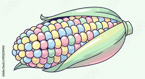 Colorful illustration of an ear of corn with pastel kernels and green leaves on a white background