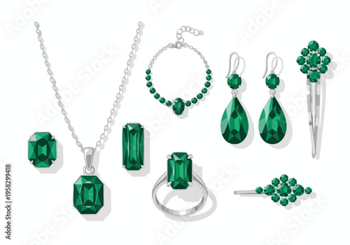 Collection of luxurious green emerald jewelry including earrings, necklace, ring, bracelet, and hair accessories