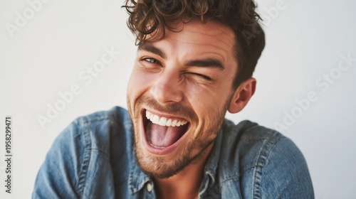 Showcasing authenticity and joyful expression a man is captured laughing with genuine emotion He is winking and smiling while wearing a denim shirt against a white background representing happiness.
