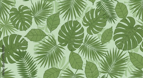 Tropical green palm leaves pattern on light green background exotic jungle foliage design