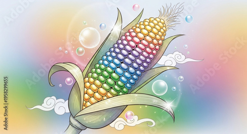 Vibrant rainbow colored corn on the cob with leaves and bubbles on a multicolored background