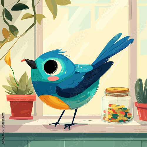 Bluebird on Sunlit Window Bird Feeder