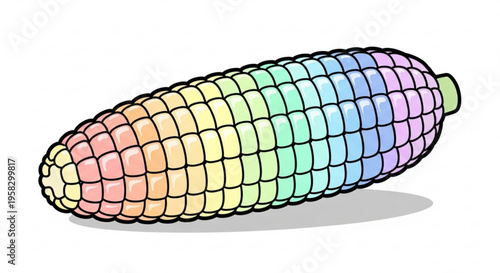 Vibrant rainbow colored corn on the cob with black outline and shadow on white background