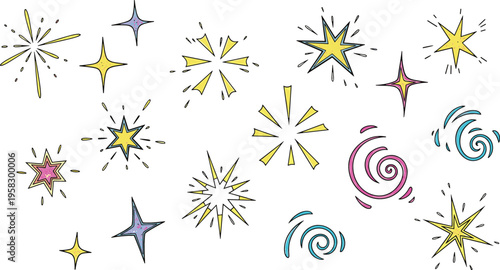 Hand drawn sparkle starburst vector set with colorful doodle stars, swirl elements and shining effects for decoration, celebration and festive design