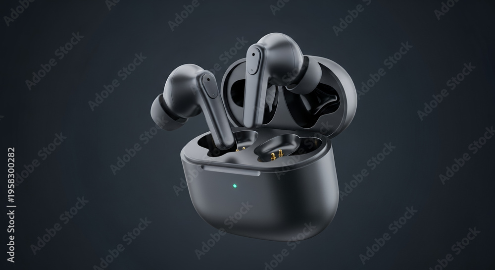 Fototapeta premium Modern wireless earbuds in a charging case, showcasing advanced technology and sleek design for everyday use
