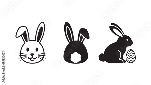 Black and white Easter bunny icons with egg on plain background for holiday concepts