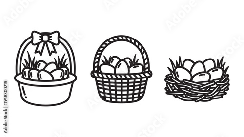 Easter Eggs in Three Different Baskets for Spring and Holiday Concepts