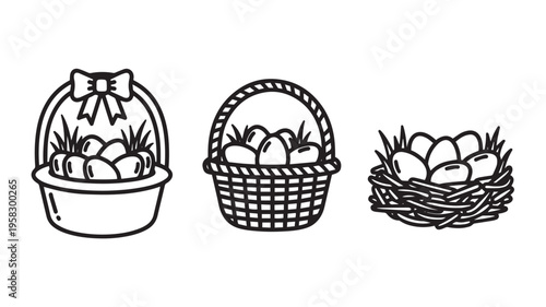 Easter Eggs in Three Different Baskets on White Background For Holiday Concepts