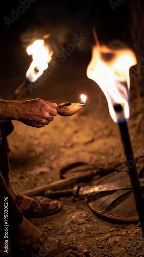 Vertical video of a hand holding an ancient oil lamp walking on a dirt path with sandals and weapons.