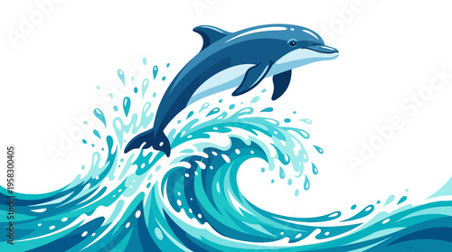 A playful dolphin leaps from a cresting ocean wave.