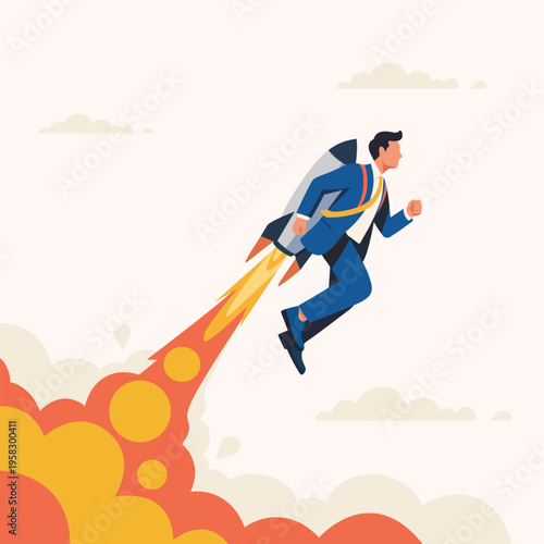 Businessman flying with rocket backpack, rapid growth, speed, startup launch, success, innovation, business concept