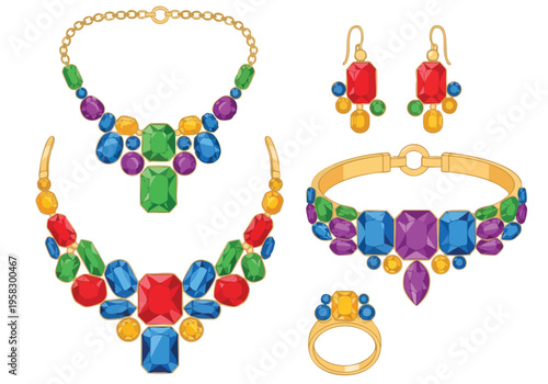 Collection of colorful gemstone jewelry including necklaces, bracelets, earrings, and rings, adorned with vibrant precious stones and gold settings