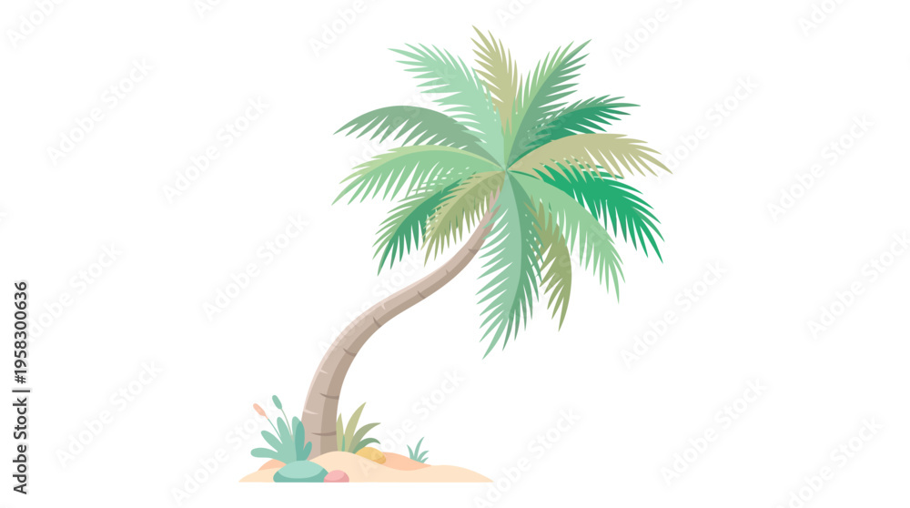 Obraz premium A Single Palm Tree Leaning Gracefully on a Sandy Shore.
