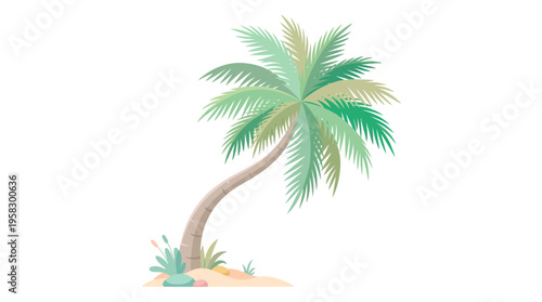 A Single Palm Tree Leaning Gracefully on a Sandy Shore.