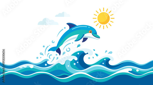 A vibrant blue dolphin leaping joyfully from the ocean waves.
