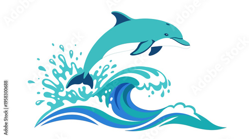 A vibrant blue dolphin leaping joyfully through a cresting ocean wave.