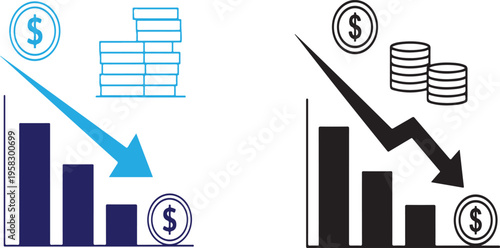 A declining financial graph with coins and a downward trend