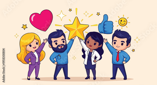 Cartoon illustration of four diverse businesspeople celebrating with thumbs up and star in a colorful, joyful scene with emoticons.