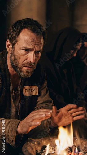 Vertical video of Peter warming his hands over a charcoal fire showing anxiety with a moody dramatic light.