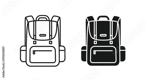 Two black and white backpack icons in line art style on a clean white background.
