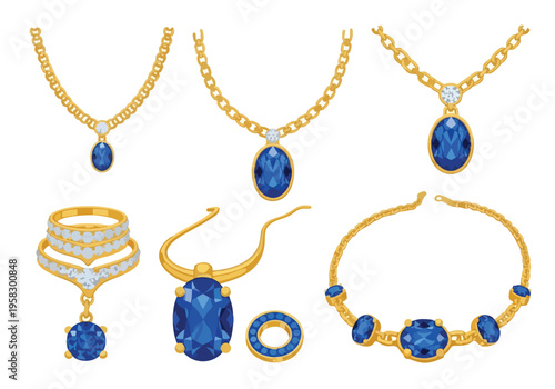 Collection of exquisite gold necklaces and bracelets adorned with vibrant blue gemstones and diamonds