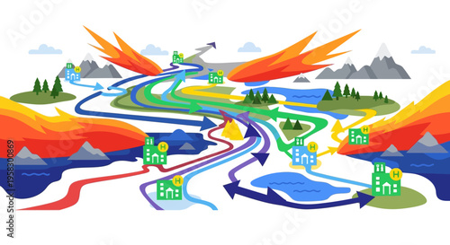 Abstract representation of a mythical bird with flowing wings and a complex network of paths.