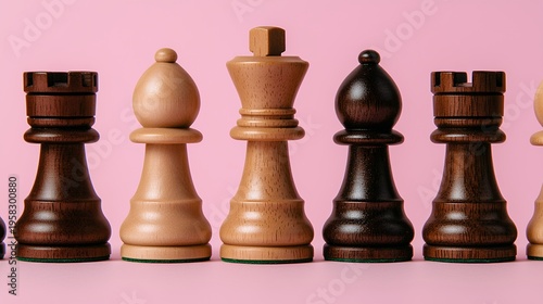 Wooden Chess Pieces on Pink Background