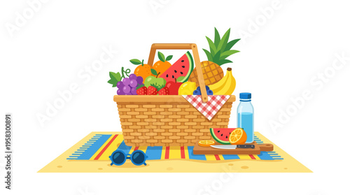 Abundant Picnic Basket Filled With Fresh Fruits and Refreshments.
