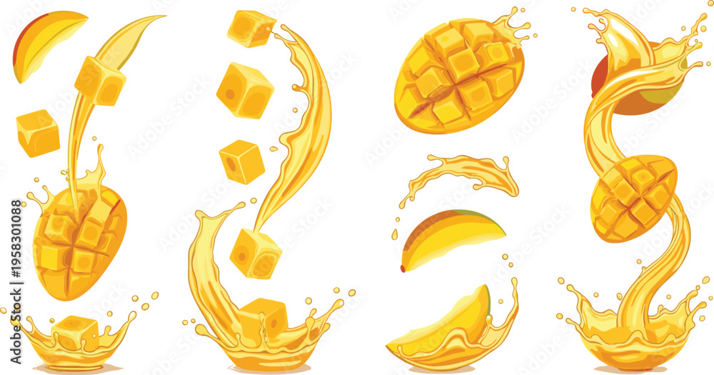 Obraz premium Mango splash vector set with juicy fruit pieces, cubes and flowing juice, tropical dynamic composition collection isolated on white background illustration